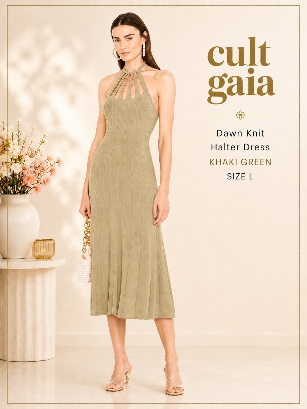 🌿NWT Cult Gaia Dawn Knit A-Line Midi Halter Dress In Khaki Green L